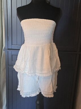 White Strapless Smocked Fringe Shorts Set